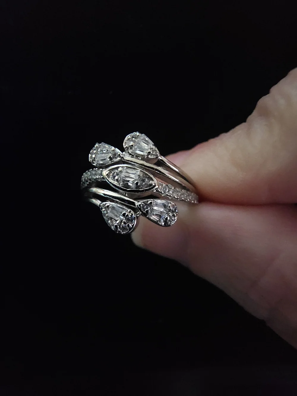 Sterling Silver Multi-Band Teardrop Ring with Clear Stones